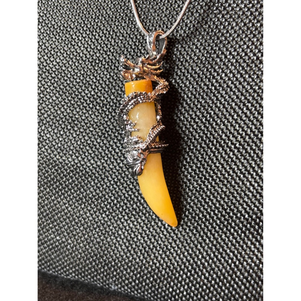 Dragon Pendant Necklace Silver Tone Yellow Horn Tusk Stone Snake Chain Mythical